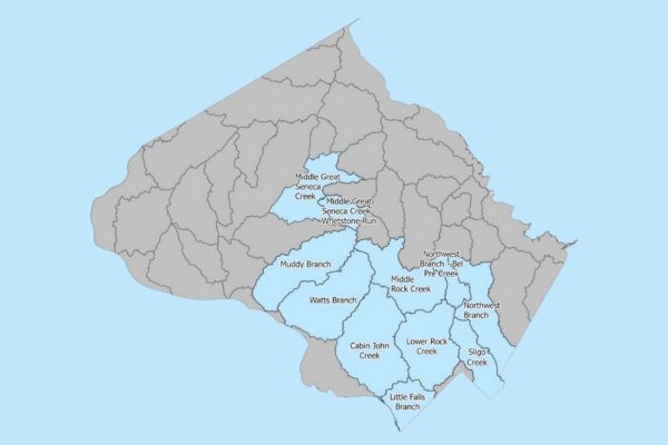 Map of watersheds to be modeled: Northwest Branch, Sligo Creek, Northwest Branch/Bel Pre Creek, Lower Rock Creek, Middle Rock Creek, Middle Great Seneca Creek, Midle Great Seneca Creek/Whatstone Run, Muddy Branch, Watts Branch, Cabin John Creek, and Little Falls Branch.