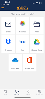 screenshot showing file types and icons for jobs, add file, location, and QRcode print