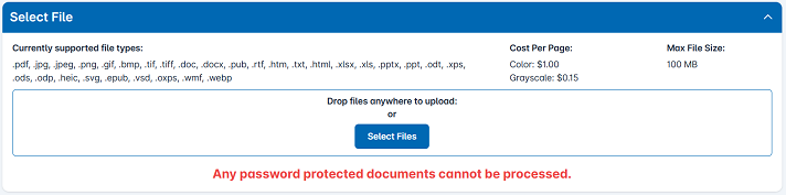 screenshot showing supported file types, printing costs, and document upload