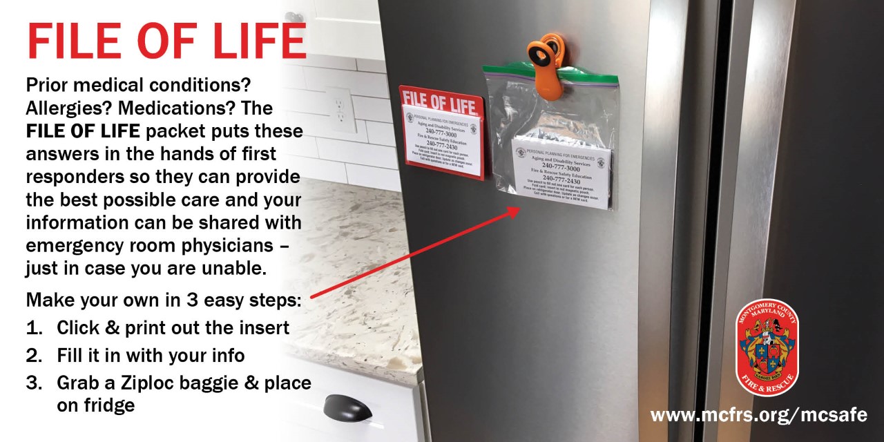 Refrigerator with File of Life packet on it