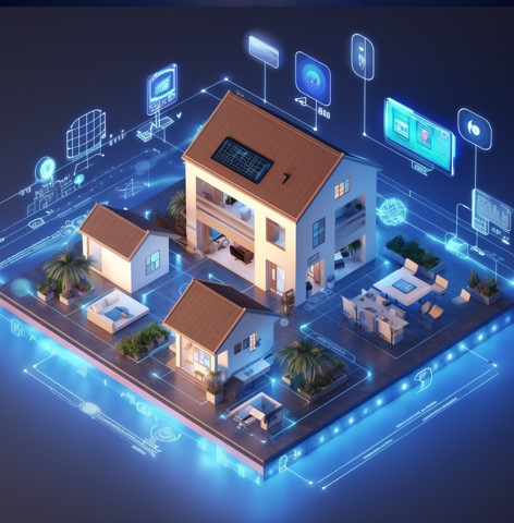 stylistic illustration of a house with many IoT devices