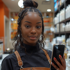 young black woman looking at her phone