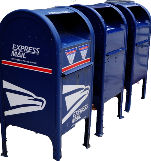 Three blue USPS mailboxes