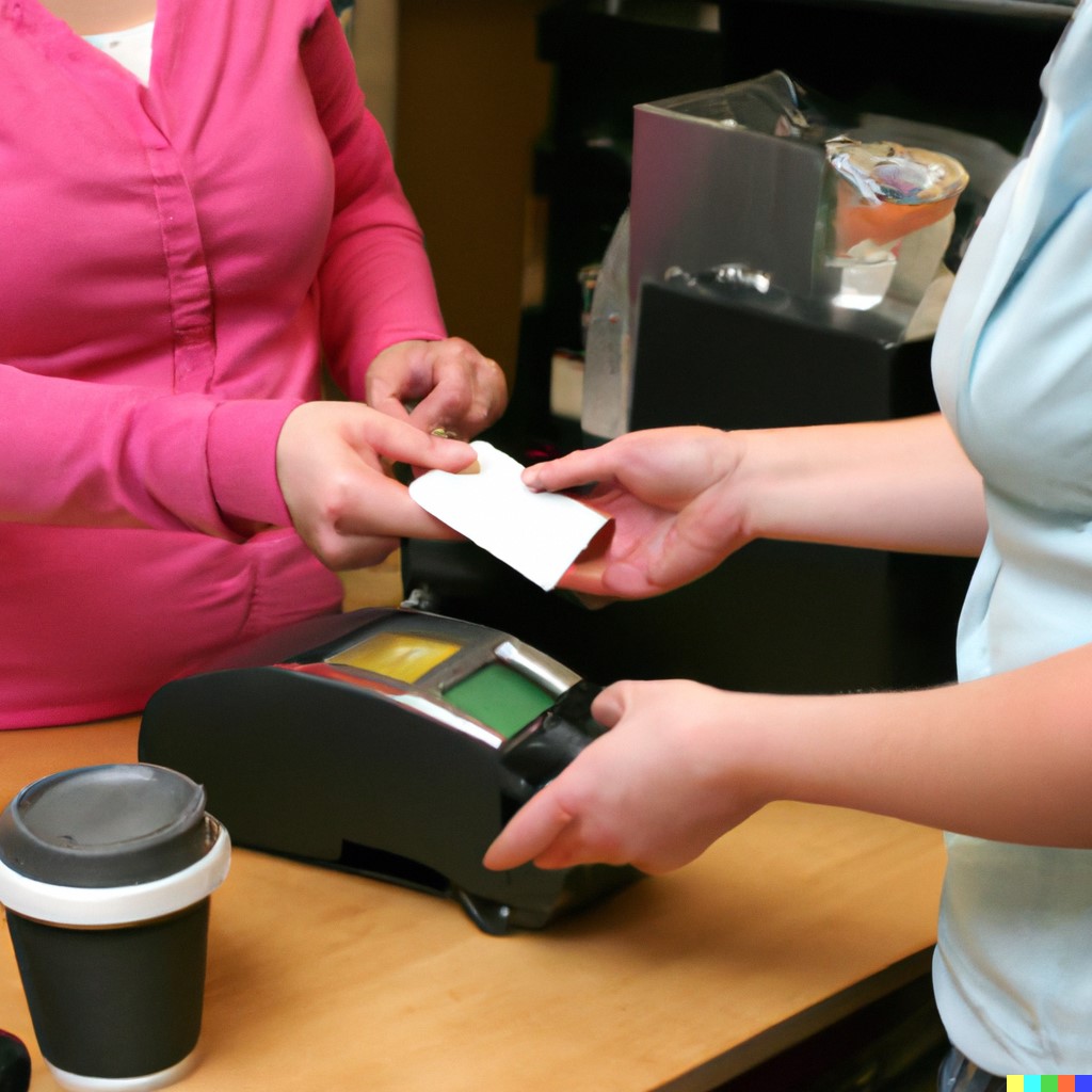 woman handing her credit card to cashier