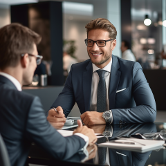 Friendly salesman sitting at the table talking to another man