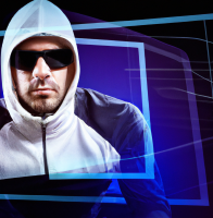futuristic criminal in a hoodie on a computer screeen