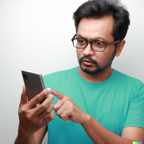 distressed man looking at his cell phone