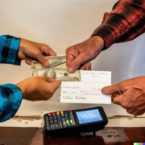 two people exchanging a check for cash