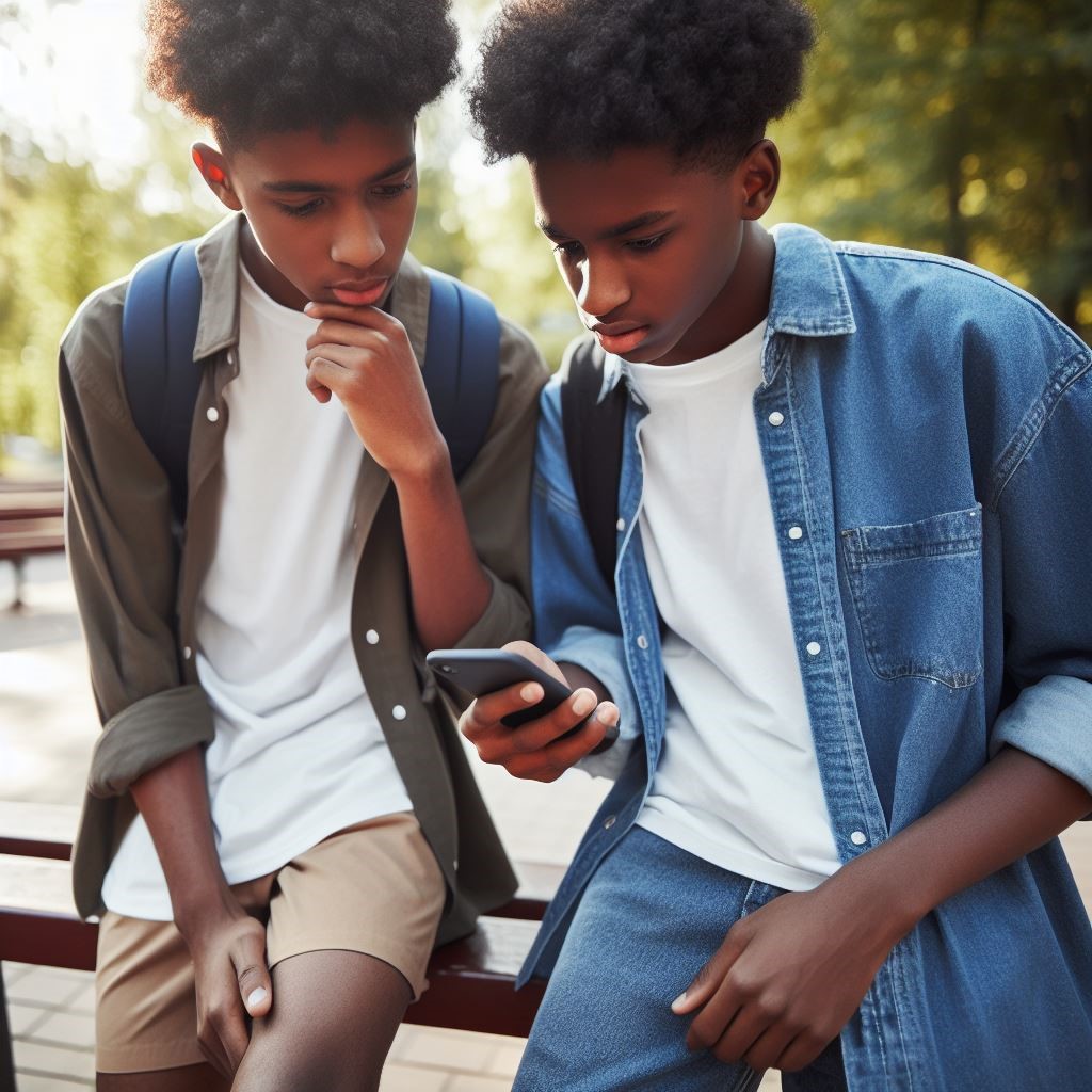 two young men looking at a phone with concern