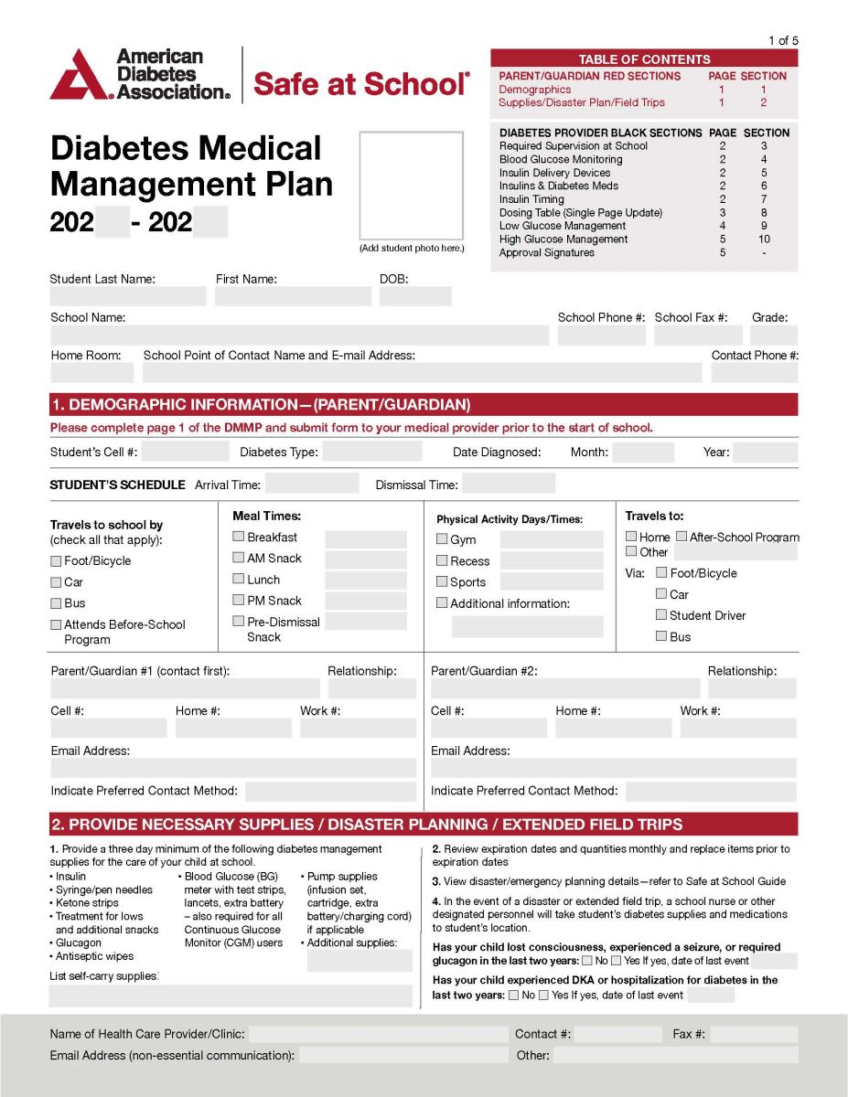 State of Maryland Diabetes Medical Management Plan Form: Download PDF