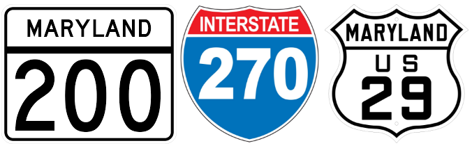 Maryland State 200, US 29, and Interstate 270 road signs
