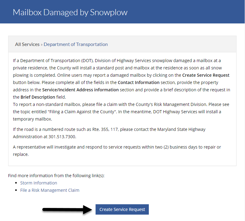 Mailbox Damaged By a Snow Plow knowledge base article and create service request button. 